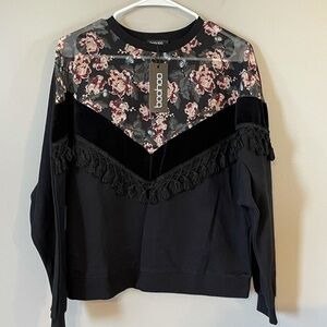 Boohoo size small Anna Floral Tassel Sweatshirt new with tags office casual